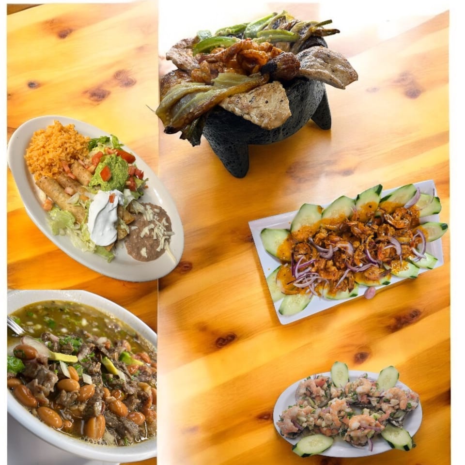 A collage of Mexican dishes, including a molcajete, flautas, shrimp ceviche, and a bean and meat soup.